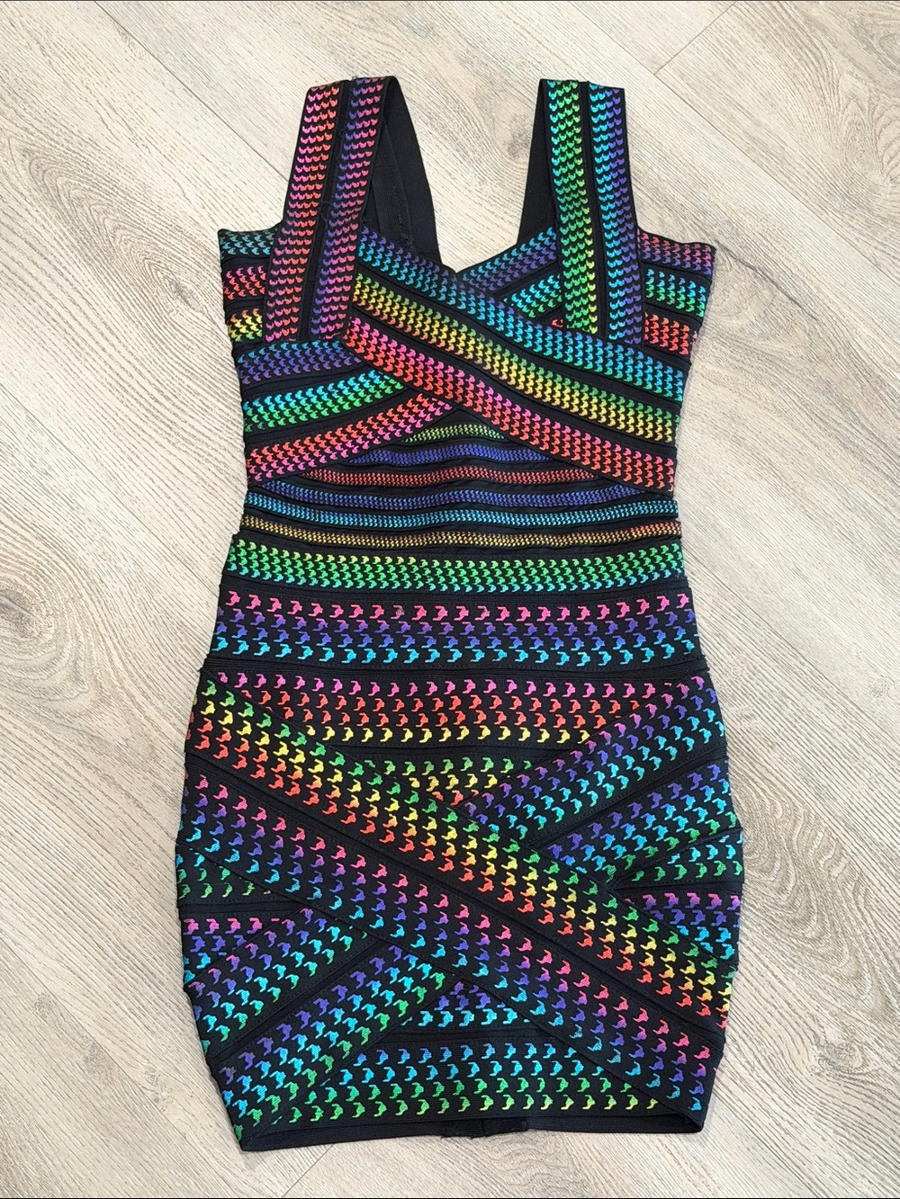 Katie J NYC Black Mini Dress with Rainbow Stripes